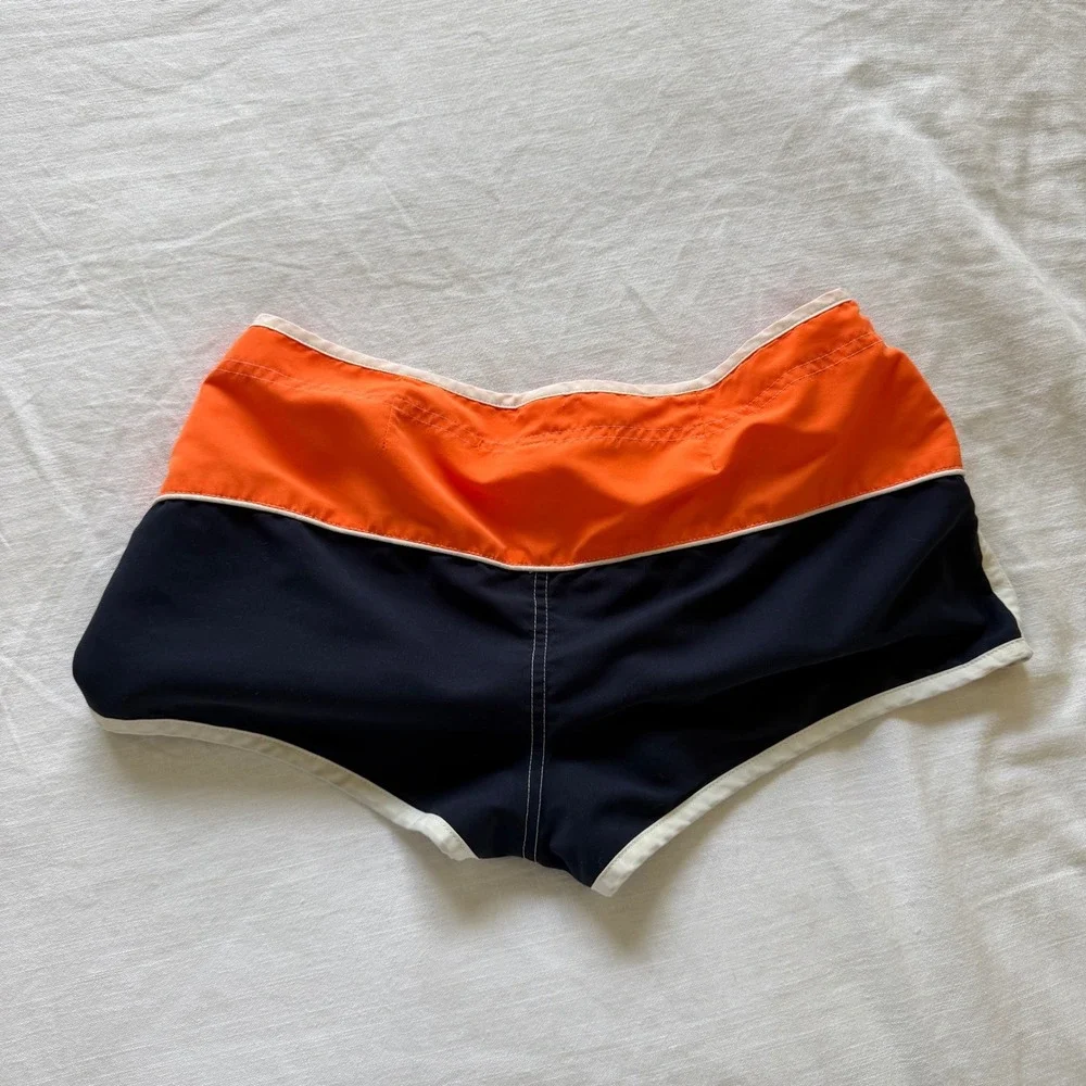 Y2K Reversible Board Shorts Women Orange White Hibiscus Floral Navy Colorblock